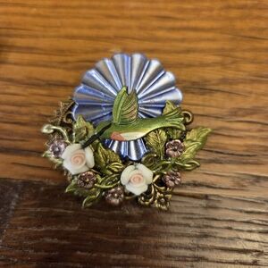 Vintage Montage Design Hummingbird Floral Brooch